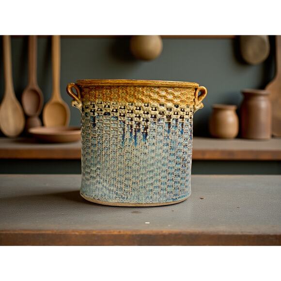 Brad Tucker Studio Pottery Basket Vase North Carolina Blue Brown Textured Glaze - Picture 1 of 9